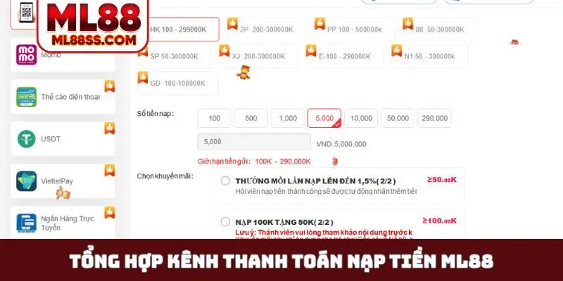 Tổng hợp kênh thanh toán nạp tiền ML88